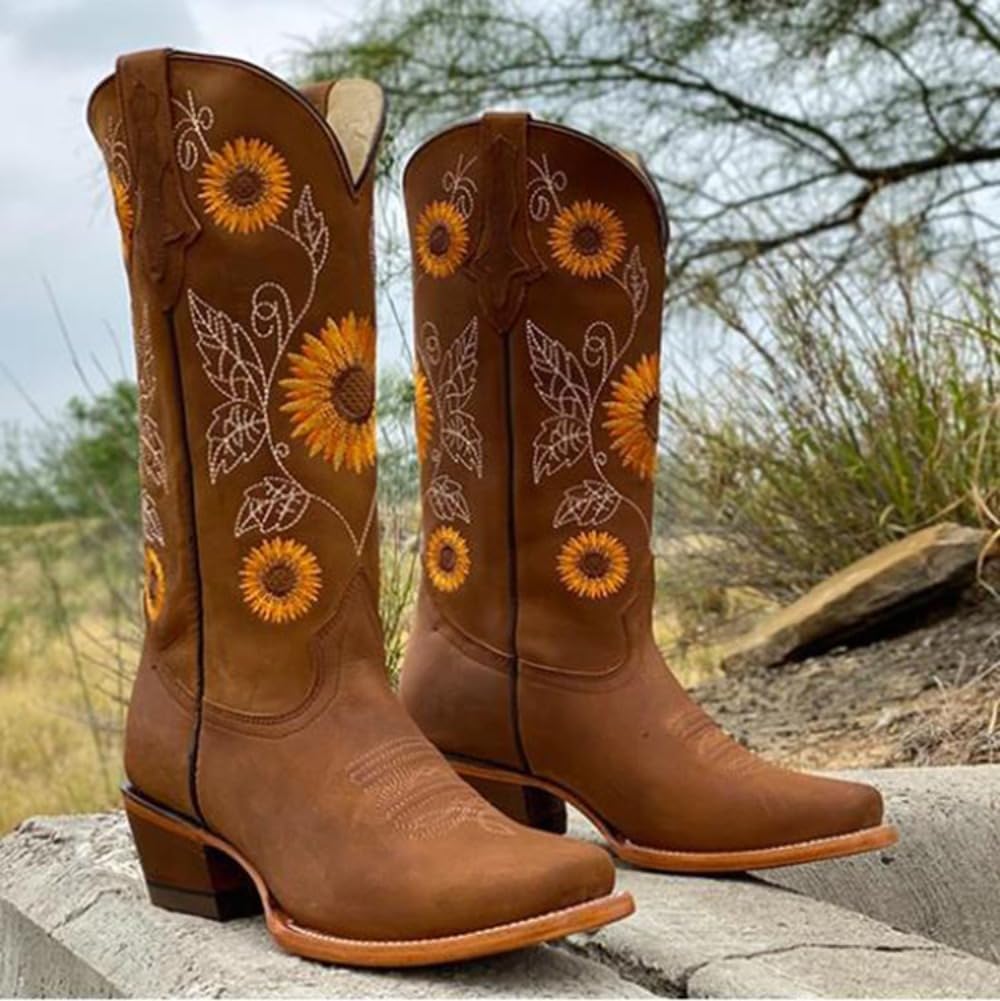 Cowboy Boots for Women - Embroidery Sunflower Mid Calf Cowgirl Pull-On Pointy Toe Lightweight Breathable Leather Retro Comfort Wear Non Slip Heel with Arch Support
