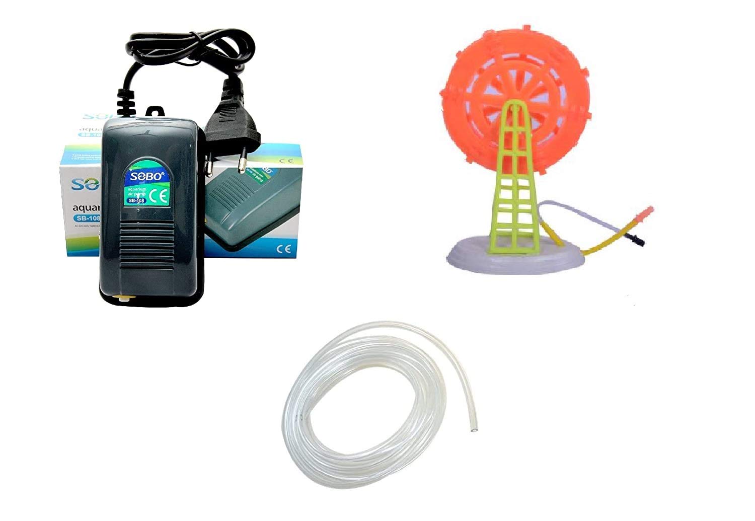 Wind Mill Aquarium Moving Wheels Fish Tank Decor Drive Fish Tank Toy Aquarium Ornament Decor Laterite Unplanted Substrate Color May Vary (Windmill Toy with Air Pump and Pipe)