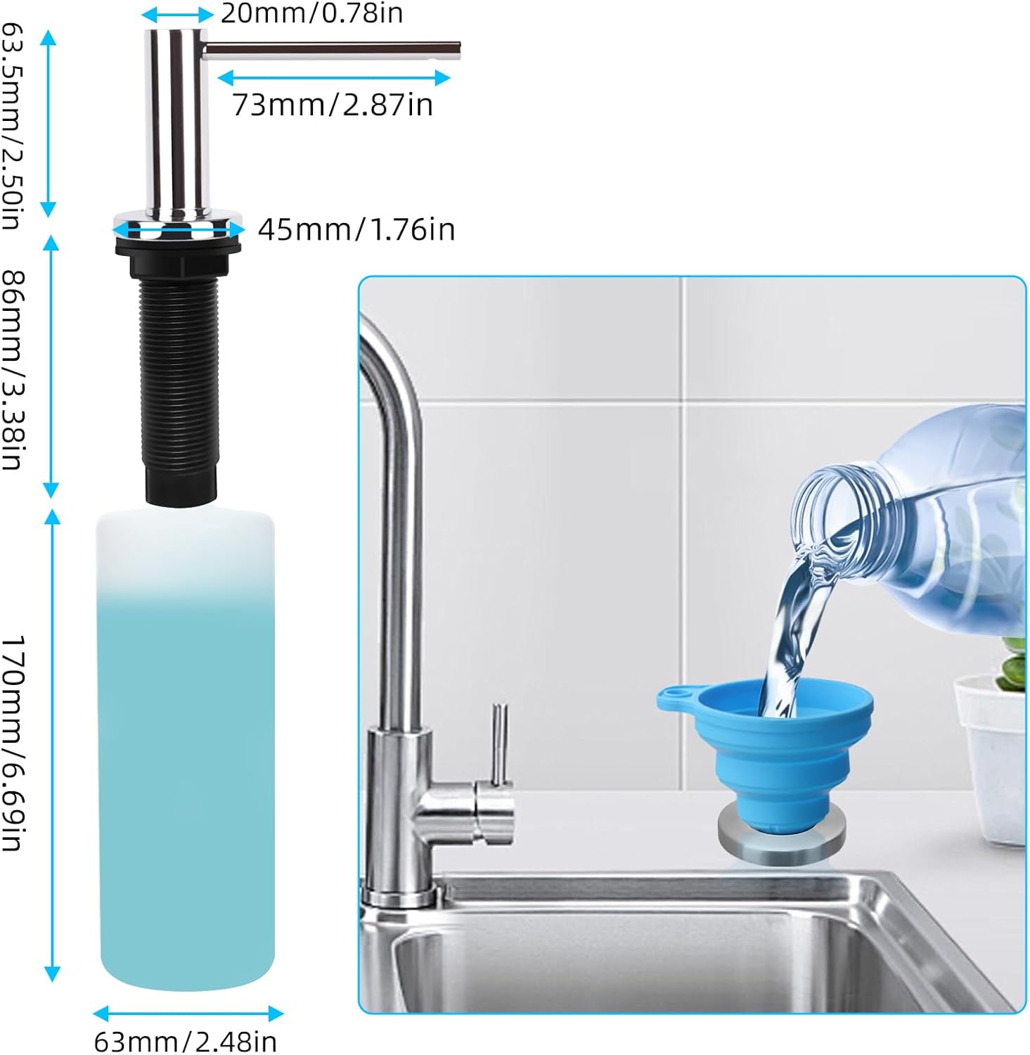 Dish Soap Dispenser Kitchen Sink, Long Spout Kitchen Sink Soap Dispenser Pump, Refill from The Top, Metal Pump Head with 17OZ Large Liquid Bottle, Chrome (2 Scrub Sponges)