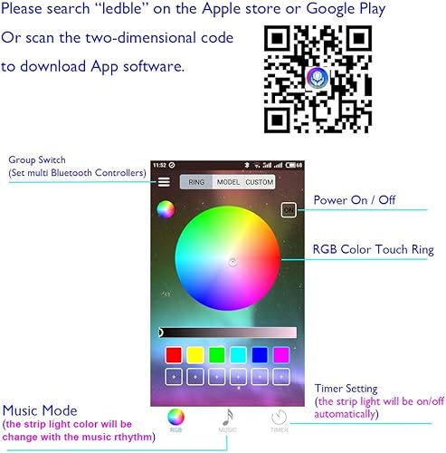 Miniatura 3 de Tira de luz LED Bluetooth de 35 piesrollo 60 LEDsM 24 V IP67 impermeable 5050 RGB LED flexible con control remoto IR de 24 K (impermeable) y fuente