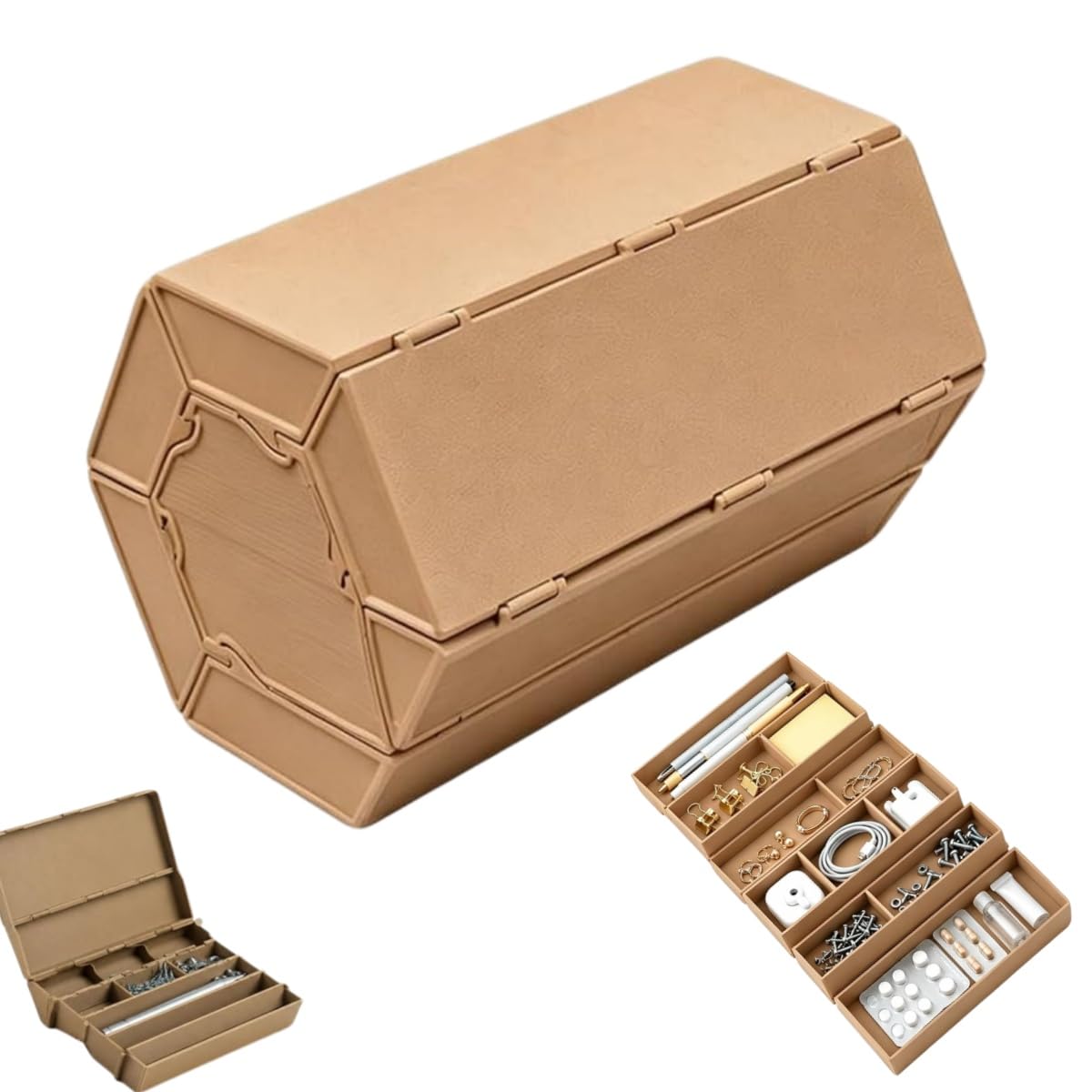 Boîte de rangement 3D avec couvercle articulé à enroulement et compartiments