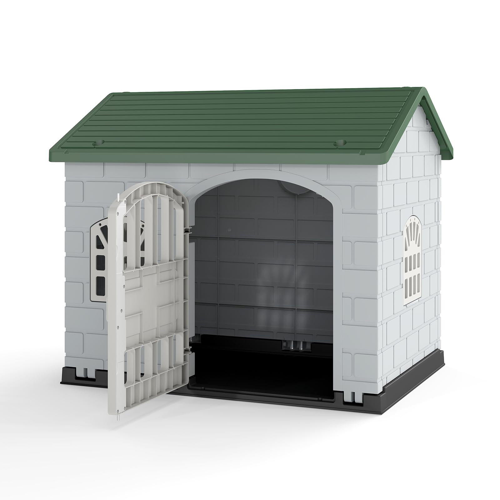 GYMAX Outdoor Dog Kennel, Plastic Dog House, Puppy Shelter with 3 Windows and Lockable Door, Sloped Roof, for Indoor, Outdoor, Home (Green+Grey)