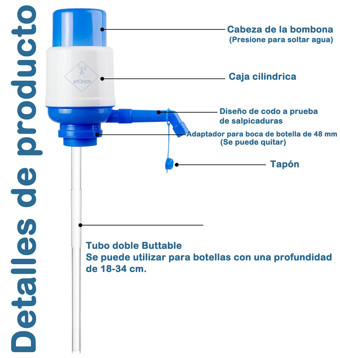 Dispensador Agua para garrafas, Bomba Manual para Garrafas, Compatible con Botellas de 2.5, 3, 5, 6, 8, 10 litros con el tapón diámetro 38mm y 48mm — view 3