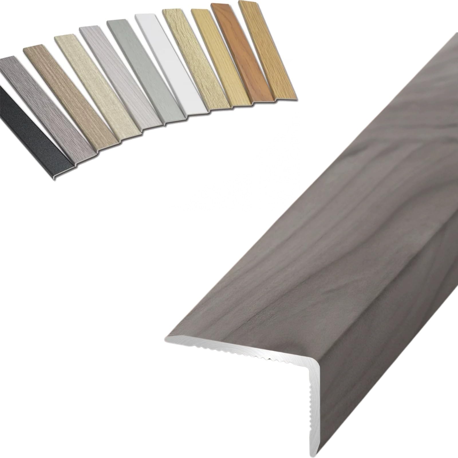 800/900/1000mm Aluminum Floor Transition Strip Floor Edge Trim, Self Adhesive Stair Edge Nosing With Wood Grain, Wall Protector For Cabinet/Baseboard/Threshold(Grey oak,L1000xW28xH12mm)
