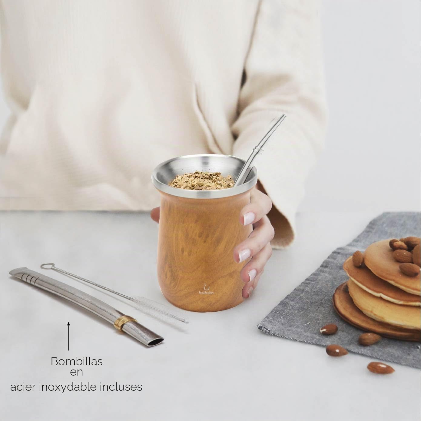 BALIBETOV Moderne Calebasse Maté Yerba (Tasse Maté) et Bombilla Maté - Acier Inoxydable 18/8 à Double Paroi - Comprend Deux Bombillas et Une Brosse de Nettoyage (Bois)