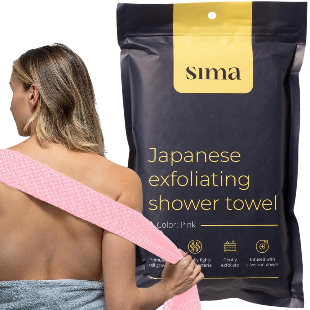 Sima Brand Złuszczający ręcznik do peelingu twarzy i ciała – japoński ręcznik złuszczający z włóknami sześciokątnymi, peeling do ciała z 2 stronami do szorowania i prania, bardzo długie ręczniki do