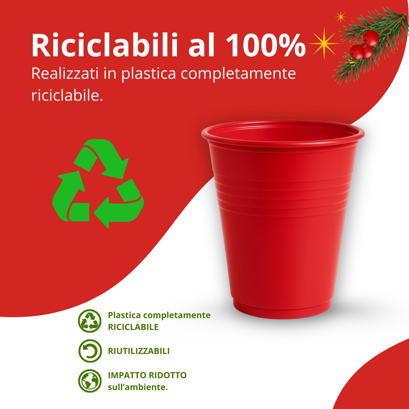 Bicchieri Plastica per Natale 50pz da 200ml Rossi Riutilizzabili (fino a 50 Lavaggi) Lavabili in Lavastoviglie BPA Free Impilabili Per Acqua Cocktail Birra Ideali per Feste Buffet Ufficio Bar Catering