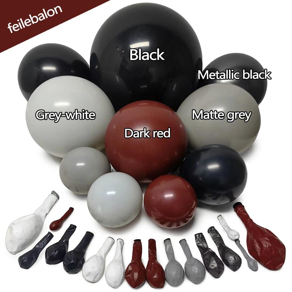 Kit de arco de globos rojo oscuro, negro y blanco con lazo, guirnalda de globos de doble relleno borgoña, negro, rojo, granate, gris, para cumpleaños, baby shower, aniversario, boda, graduación