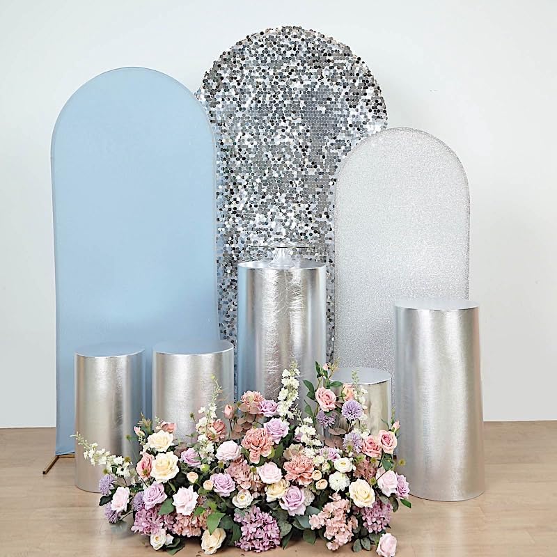 Miniatura 3 de Balsa Circle Juego de 5 cubiertas de soporte de exhibición de elastano con pedestal cilíndrico plateado, accesorios para fiestas, eventos,