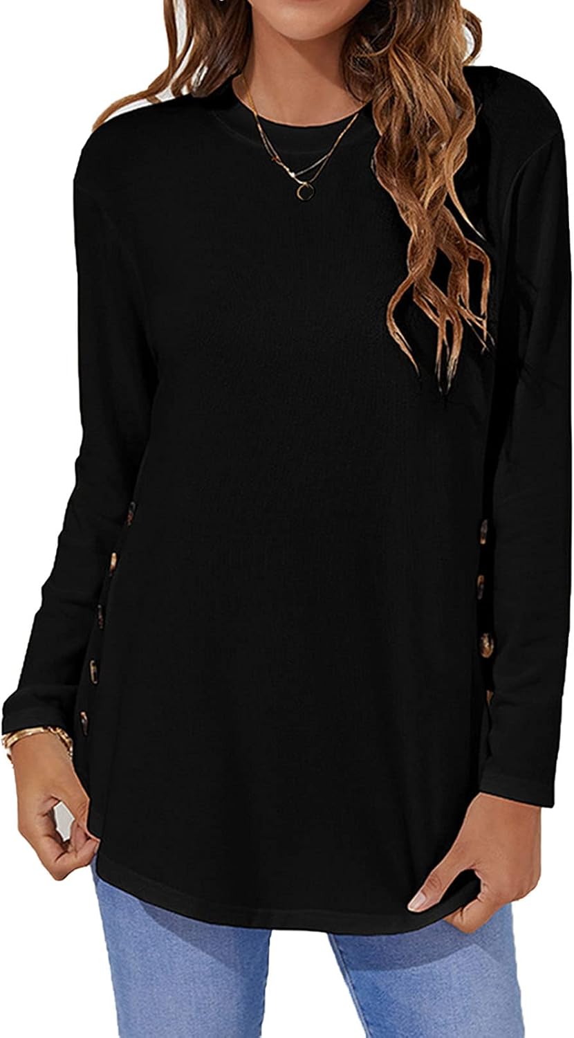 Women O-Neck Long Sleeve Top Button Plus Size Shirts Solid Color Full Sleeve Tunic Blouses at  Women’s Clothing store