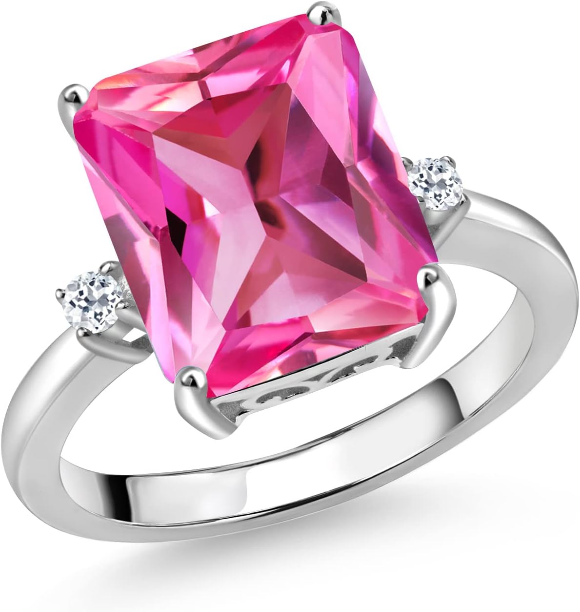 Gem Stone King 6.68 Cttw 12X10MM Pink Created Sapphire and 2MM White Topaz 3 Stone Engagement Ring For Women | 925 Sterling Silver | 3 Stone Wedding Engagement Anniversary Ring For Women