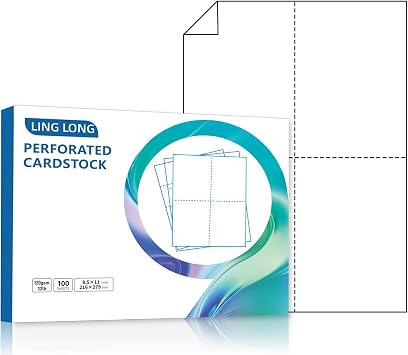 LINGLONG 8.5x11" 32lb White Printable Perforated Postcards, 4-1/4x5-1/2" Each, 4 Per Page US Letter paper for Statements, Invoices White 100 Sheets 400 Cards