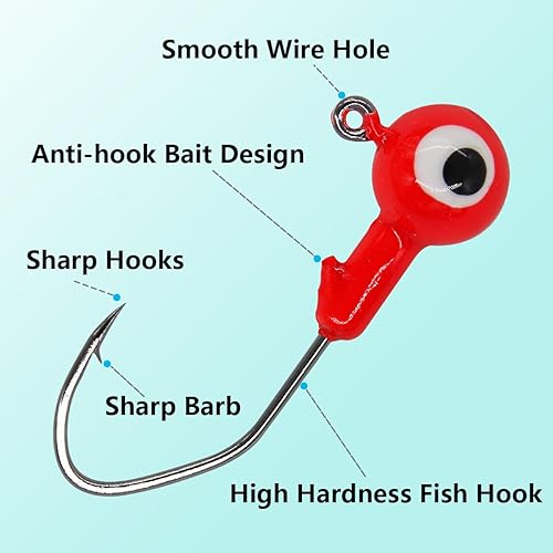 Miniatura 4 de UperUper Juego de 50 ganchos de cabeza de plantilla de pesca, cabeza redonda de pesca con ojos 3D, ganchos de acero al carbono para señuelos suaves,