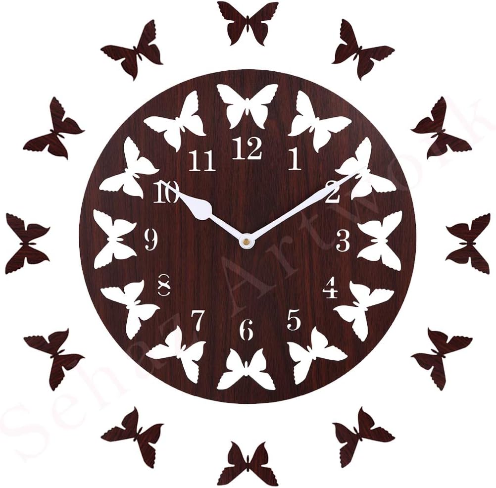 SEHAZ ARTWORKS 12-Butterflies Manufactured Wood 10 inch Designer Wall Clock for Home and Kitchen - Brown