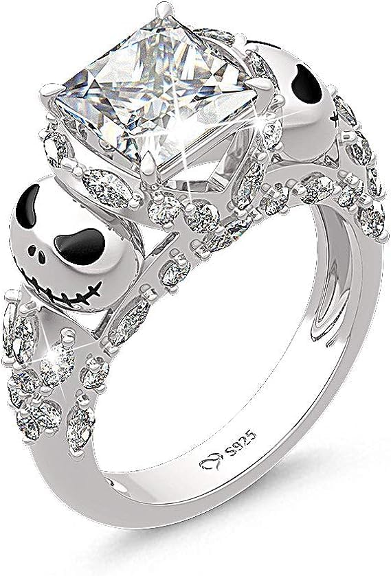 Jeulia Jack Nightmare Rings Women Christmas Skull Rings 925 Sterling Silver Princess Cut Band Ring Anniversary Promise Romantic Christmas Gifts for Her