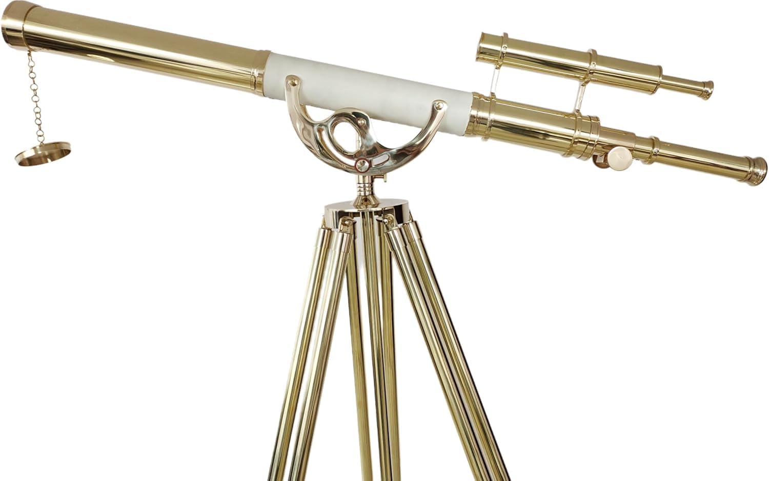 Decorative Antique Brass Telescope Floor Standing Wooden/Brass Tripod Double Barrel Shiny Finish White Leather Wrap Maritime for Home & Office Decor