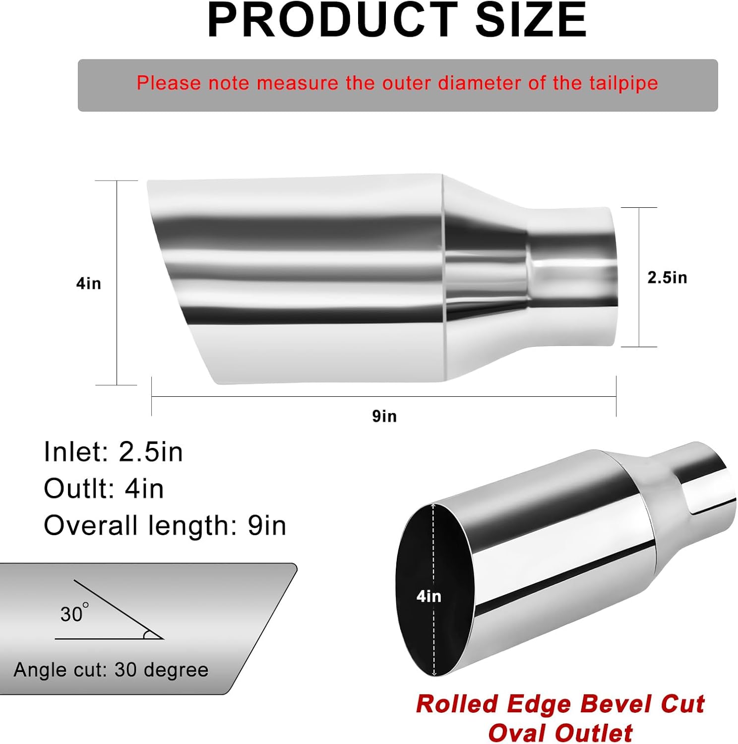 Universal 2.5" Inlet Exhaust Tip, 2.5" Inlet 4" Outlet 9" Overall Length, Stainless Steel Rolled Edge Chrome Exhaust Tip, Weld-On, 2 Pack