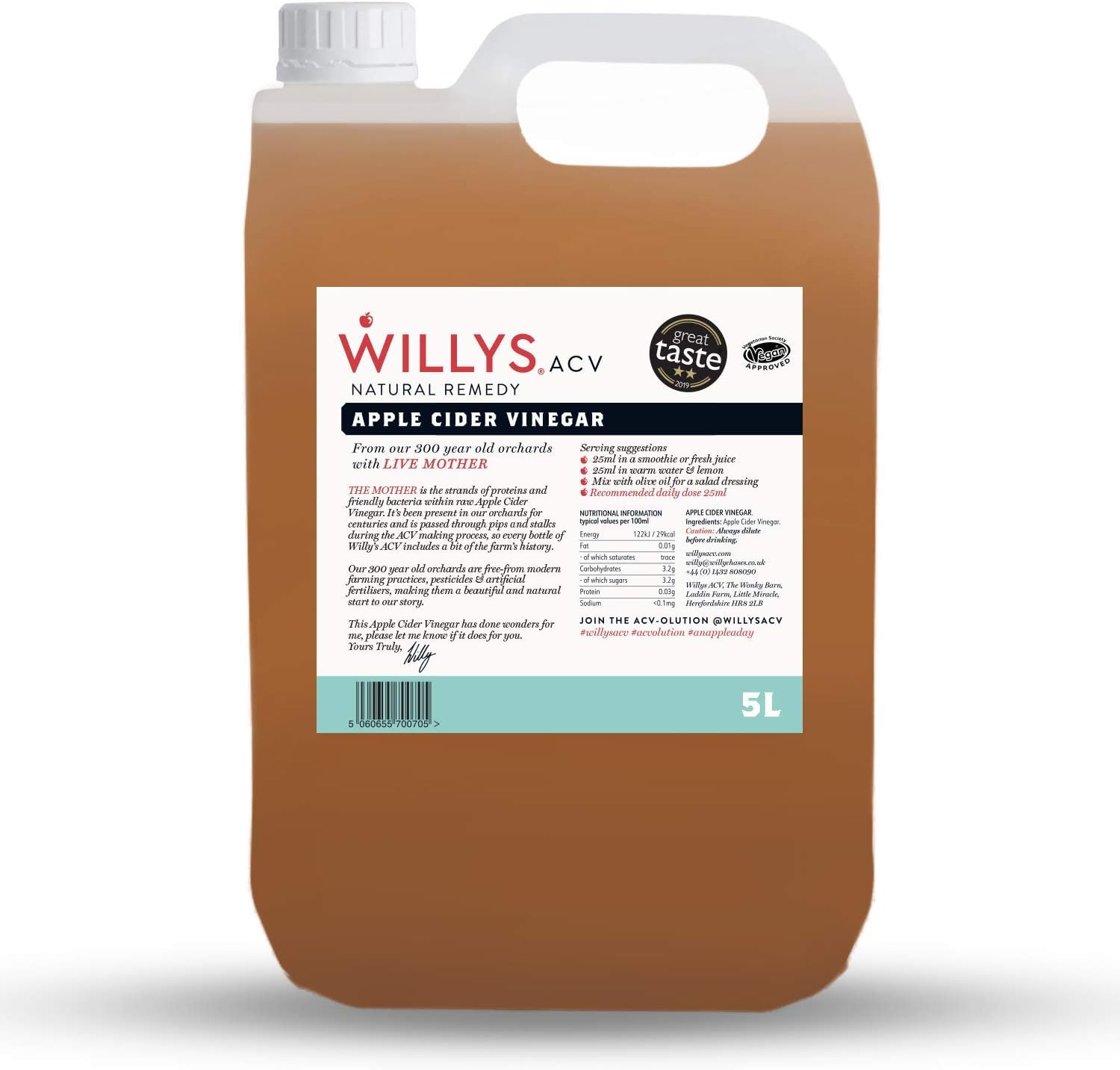 Apple Cider Vinegar with Live Mother - Probiotics For Detox & Gut Health - 5L Jerry Can - Organic, Raw, Unpasteurised, Naturally Fermented ACV