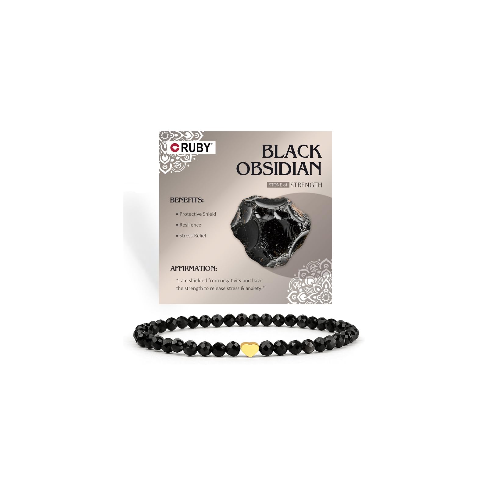 RUBY Edelstein Perlen Armband für Frauen, 4mm Perlen und 18K Vergoldet Edelstahlherz Armbänder Damen,elastischer Schmuck Yoga,Geschenk zum Muttertag-Inklusive Geschenkbox Holz