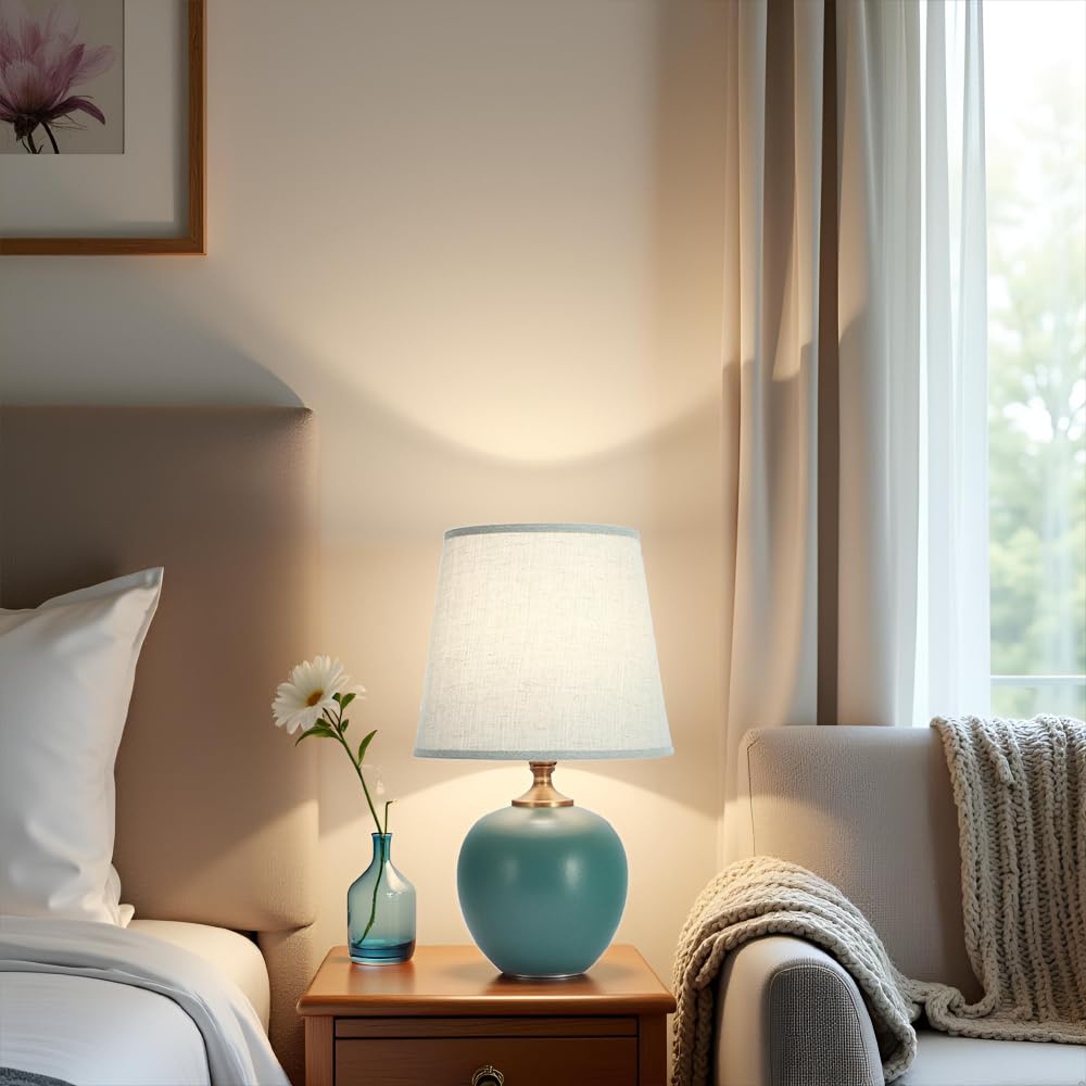 XINYASEE Lampada da tavolo in ceramica, lampada da comodino, moderna, semplice, per soggiorno, lampada decorativa, paralume plissettato (Verde)