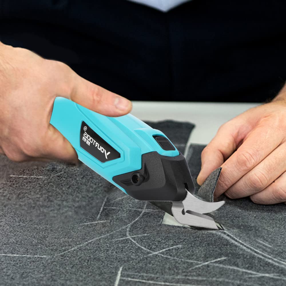 Tijeras Para Tela de Energía Eléctrica, 4.0V con Bloqueo de Seguridad y 2 Cabezas de Corte, Tijeras Electricas Textil y Costura para Corte Papel Cartulina Cuero Alfombra, 8 mm Max, Blue