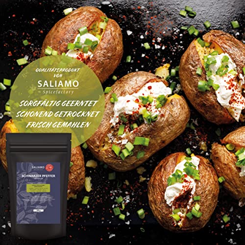250g Schwarzer Pfeffer, gemahlen; Universalgewürz; feiner Pfeffer ohne Zusätze, Allround-Gewürz, fruchtig-scharfes Aroma, Gewürz Grundausstattung; im praktischen Doypack wiederverschließbar | Saliamo
