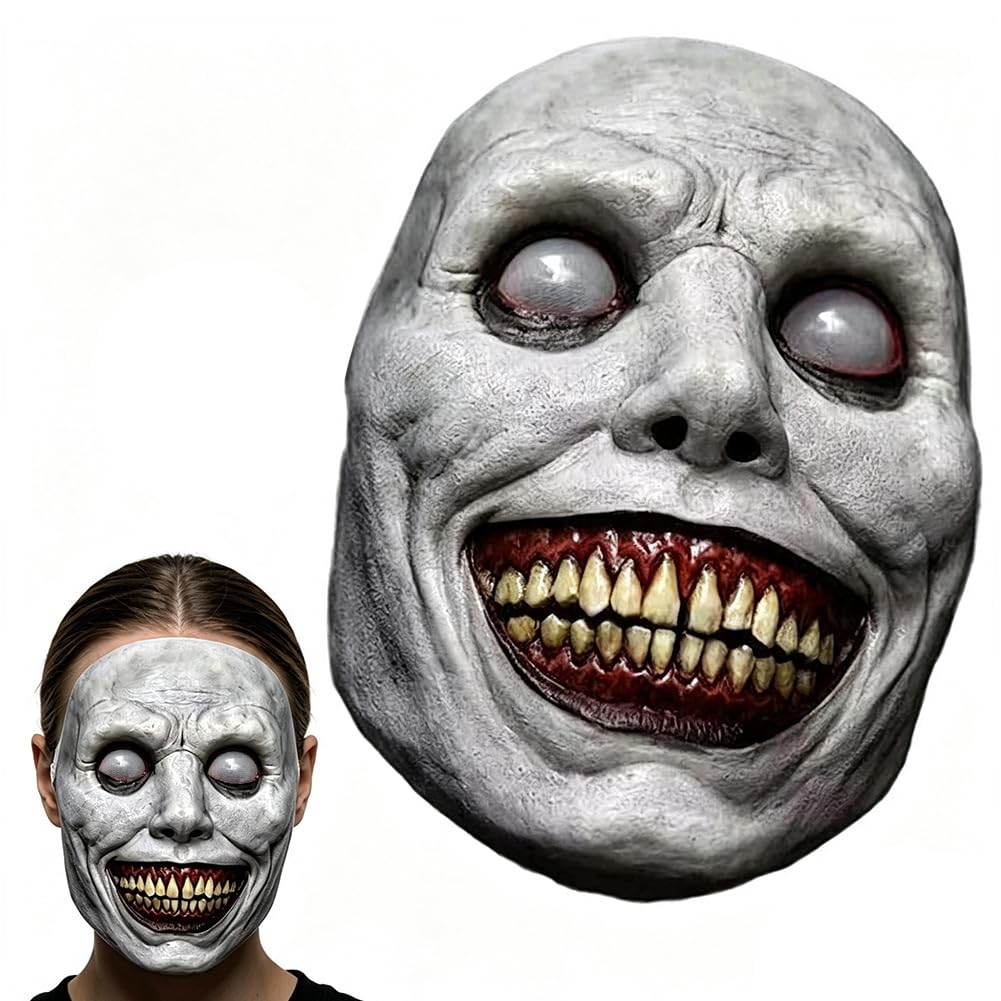 HATFRYF Halloween Masks, Halloween Scary Mask, Smile Masks, Natural Latex Scary Mask for Costume Party, Horror Masque for Adults Party Costume Cosplay Props - White