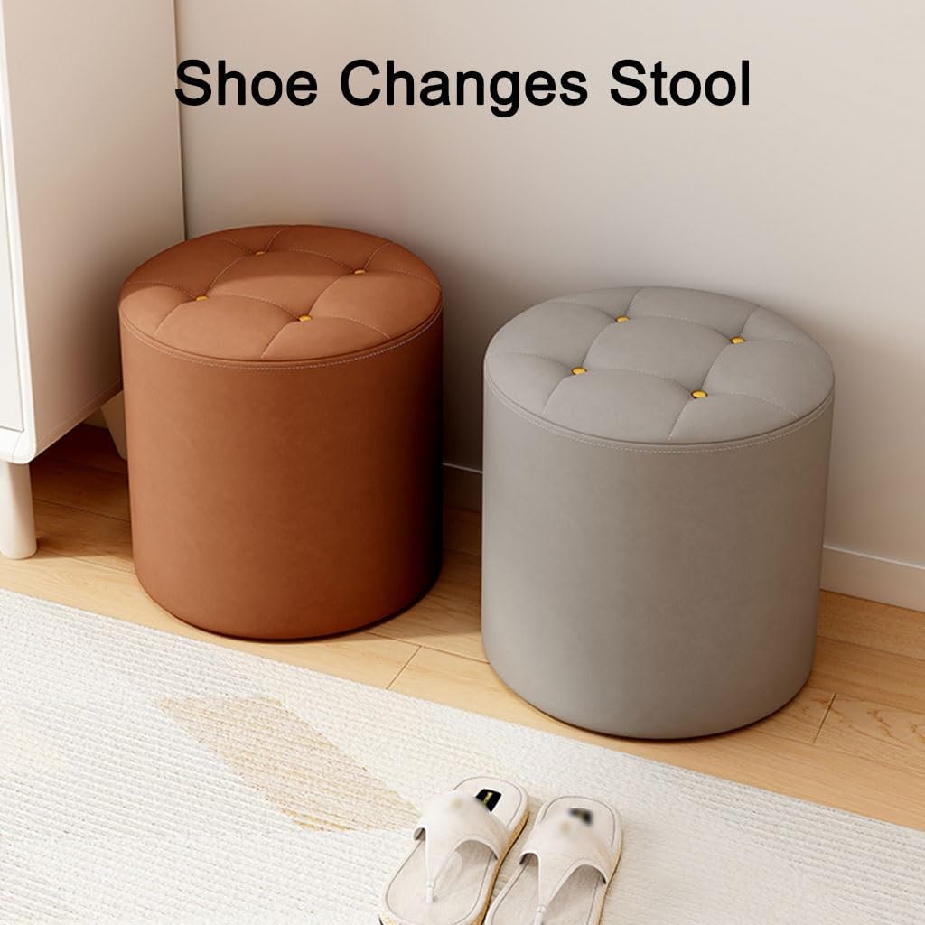 Dark Green Pouf Footrest for Makeup Vanity, Low Stool for Shoe Change, Small Round Accent Chair for Living Room, Bedroom, Office - Cushioned Design