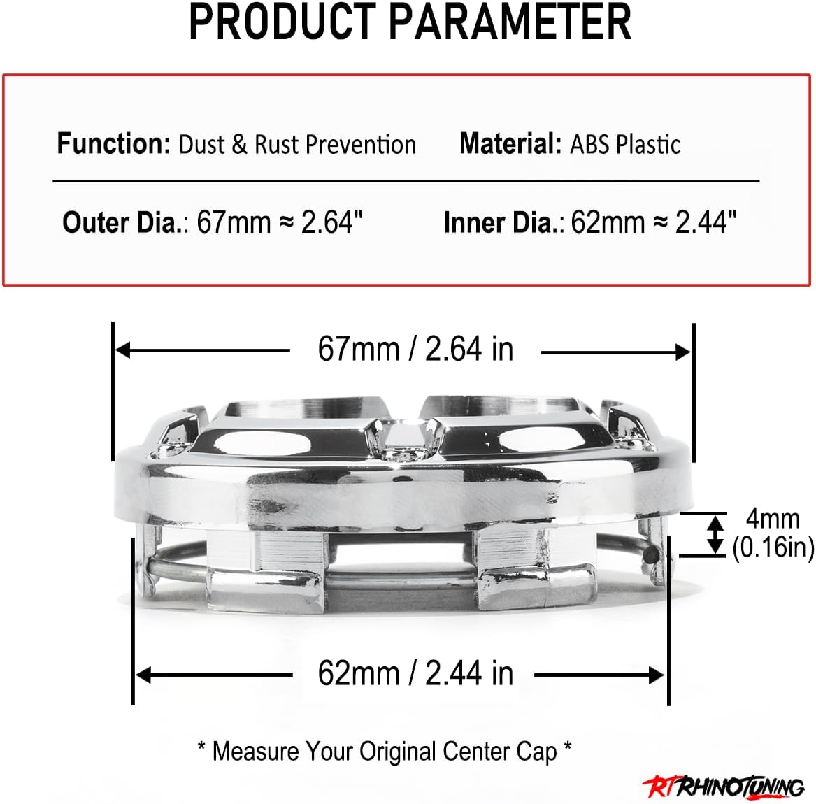 RTrhinotuning 4PCS 67mm Wheel Center Caps Compatible with SSR Wheel Rims, OD:2.64"(67 mm) ID: 2.44"(62 mm) Chrome Hub Caps