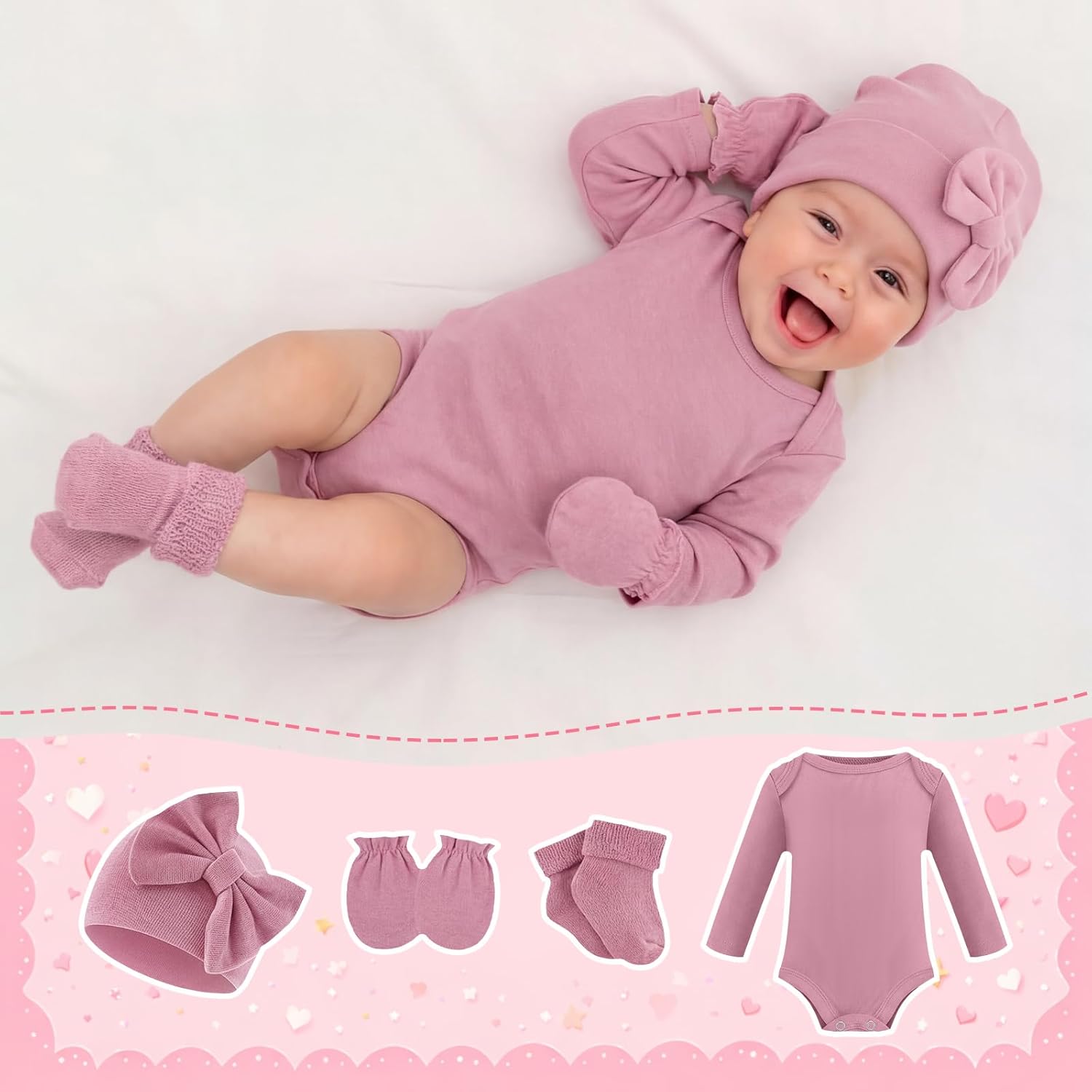 Liitrsh 4 Set Preemie Layette Bodysuit Long Sleeve Outfit Clothes Hat Mittens Socks for Nicu Premature Baby Boys Girls Gifts