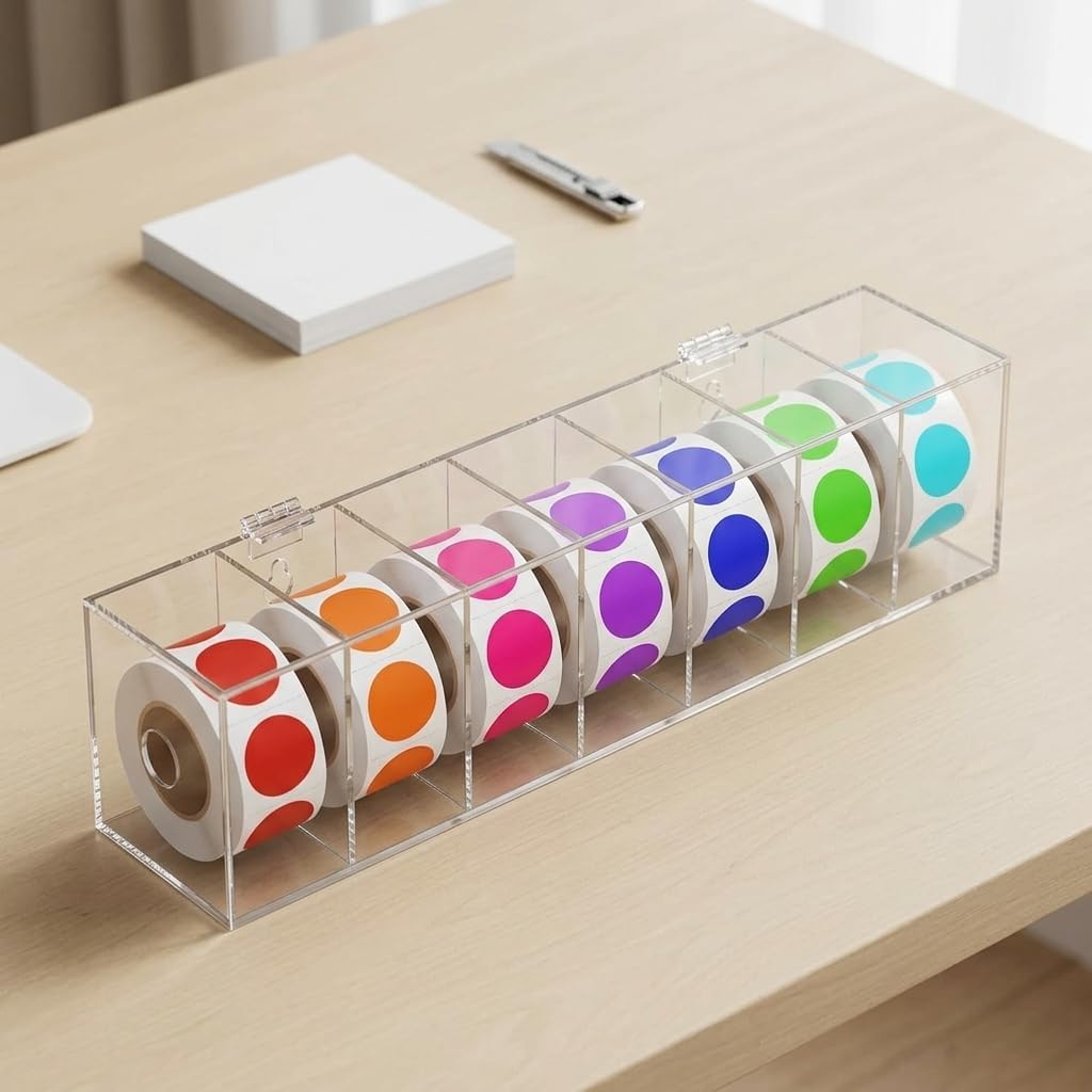 LIFKOME Label Roll Dispenser Clear Covered Seven Slot Wall Mount Holder