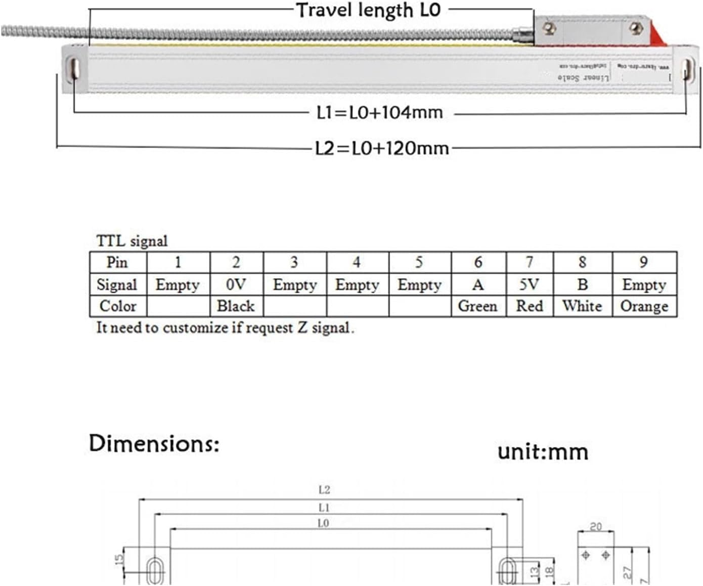Precision Linear Scale Encoder Thin High Precision 0.005mm Slim Linear Scale 50 100 150 200 250 300 350 400mm 20x28mm Small Encoder Grating Ruler Sensor for CNC(White 270mm Travel Length)