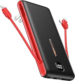 Power Bank with Built in Cables 10000mAh, 15W USB C Fast Charging Portable Charger Built in AC Wall Plug, Ultra Slim Battery Charger Compatible with iPhone/Samsung Note10/S20 S21 S22