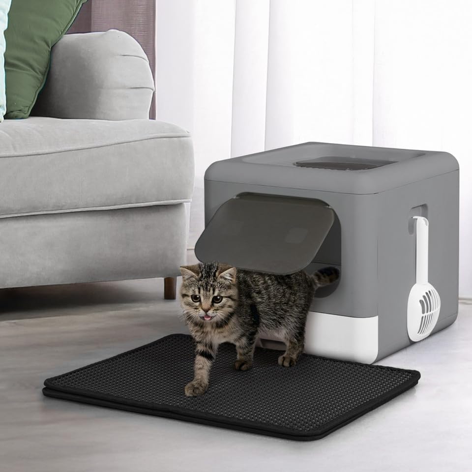 Foldable Cat Litter Box w/Lid, Scoop & Mat, Drawer Design Cat Toilet for Kitten, Two-Way Entry Kitty Litter Box, Odor Control & Easy to Clean, Dark Grey