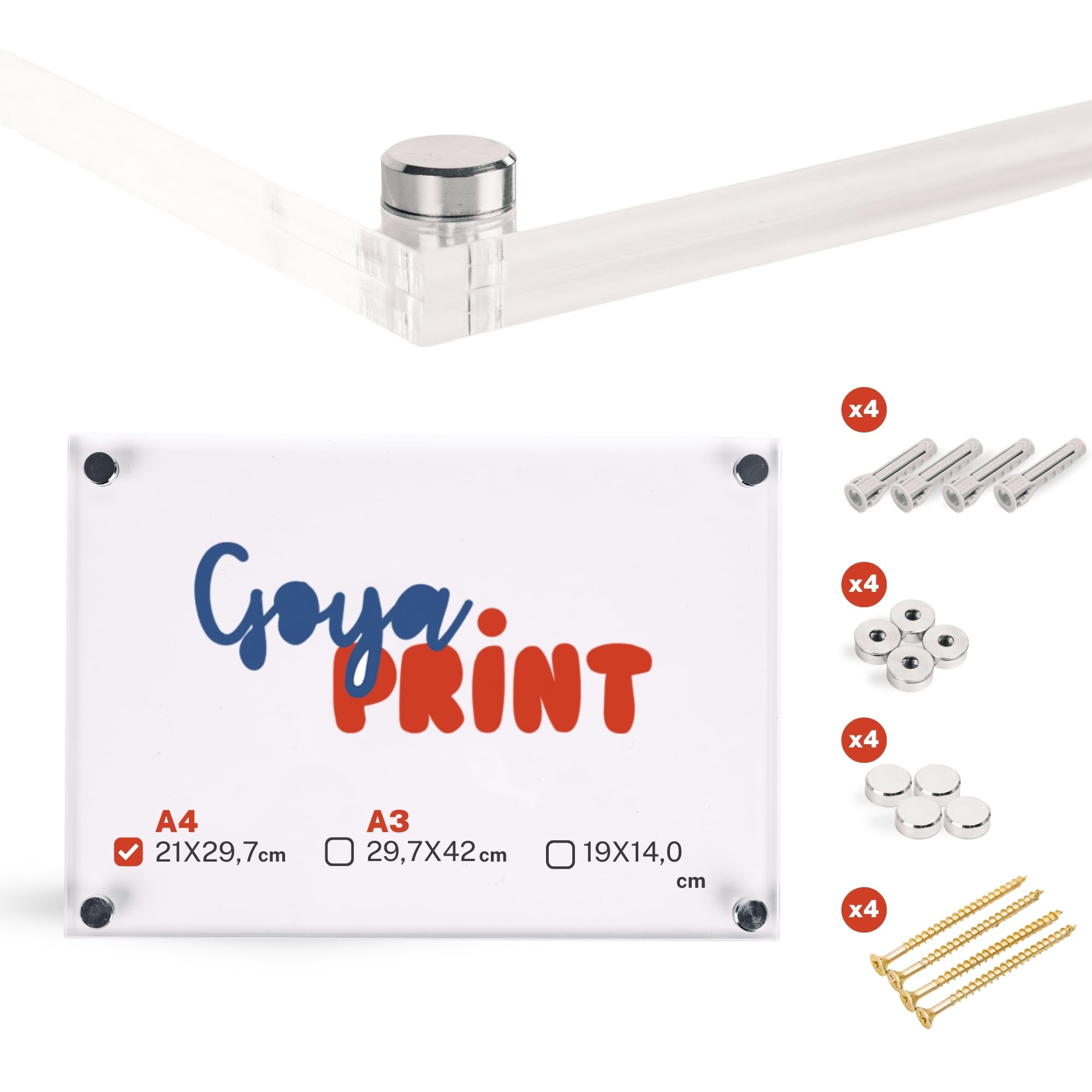 GOYAPRINT | Targa in Plexiglass Trasparente A4 3+3 mm – Doppia Lastra Acrilica con Distanziatori, Fissaggio a Parete per Documenti, Foto e Segnaletica (A4-21X29,7 CM, 3+3 MM)
