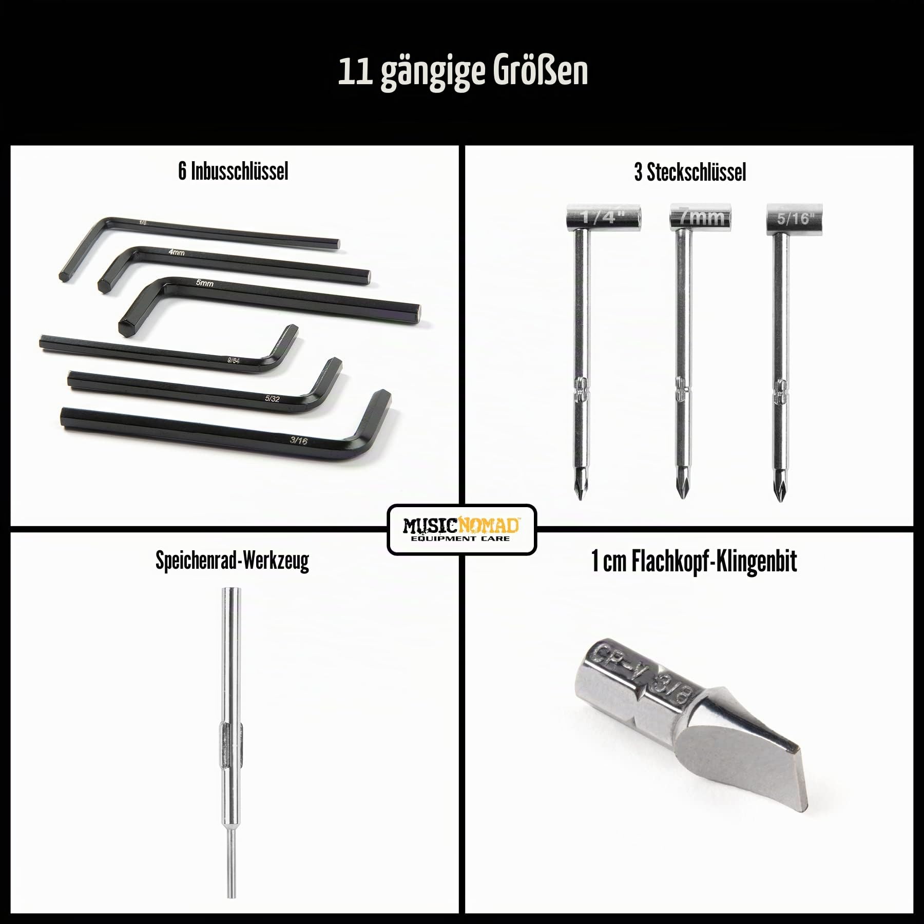 MusicNomad MN235 Premium Guitar Tech Truss Rod Wrench Set - 11 pcs. | Premium-Schraubenschlüssel passend für die meisten Elektro-, Akustik- und Bassgitarren