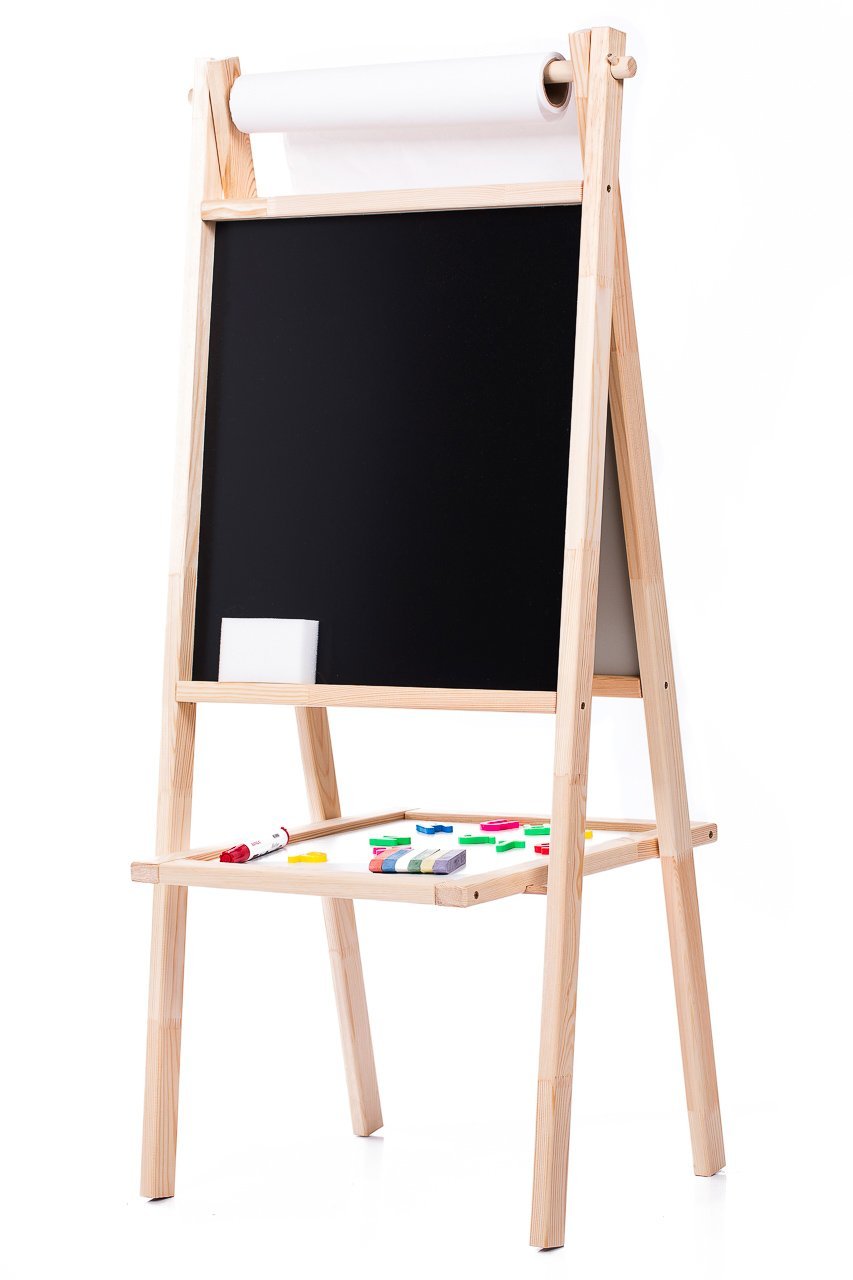 AZZAP Kindertafel 110cm Standtafel Papierrolle Schreibtafel Maltafel Magnettafel Holz Staffelei MAJA