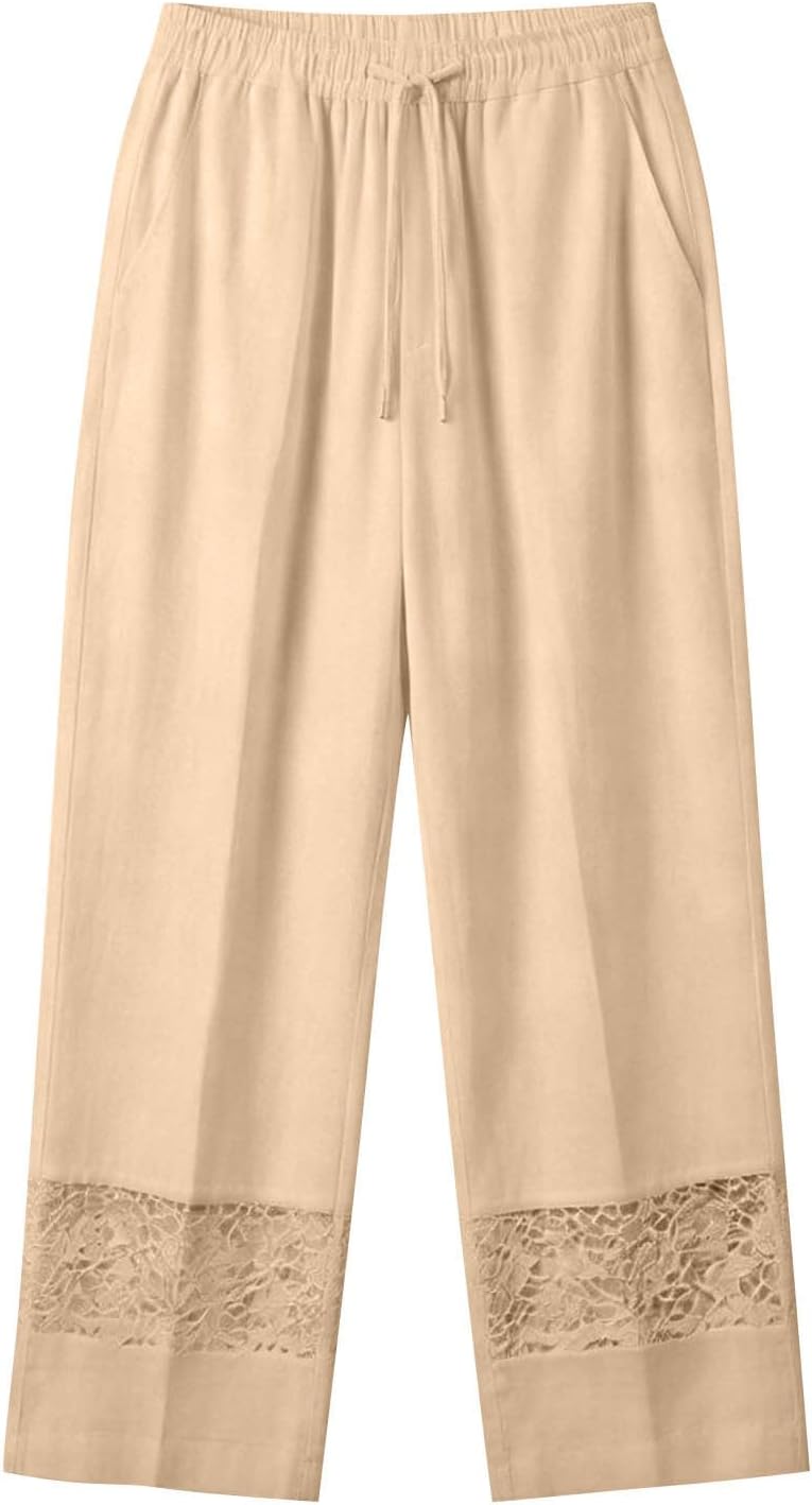 Linen Pants Women Summer Beach Vacation Trousers Elastic Waist Linen Capris Pants Boho Lace Splicing Casual Pant
