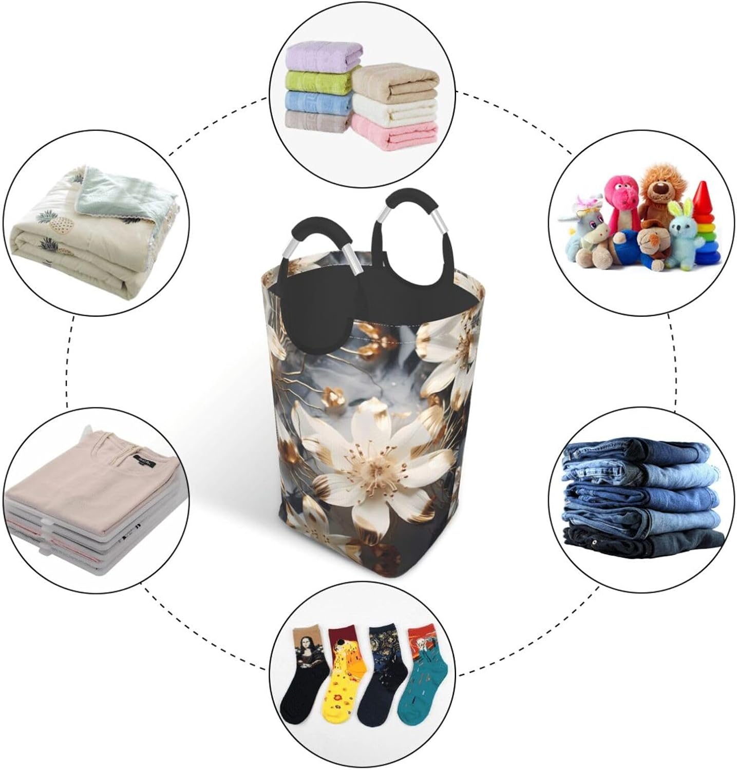 Golden Lilies Square storage bag 50L, suitable for multiple scenes, foldable dirty clothes storage basket.