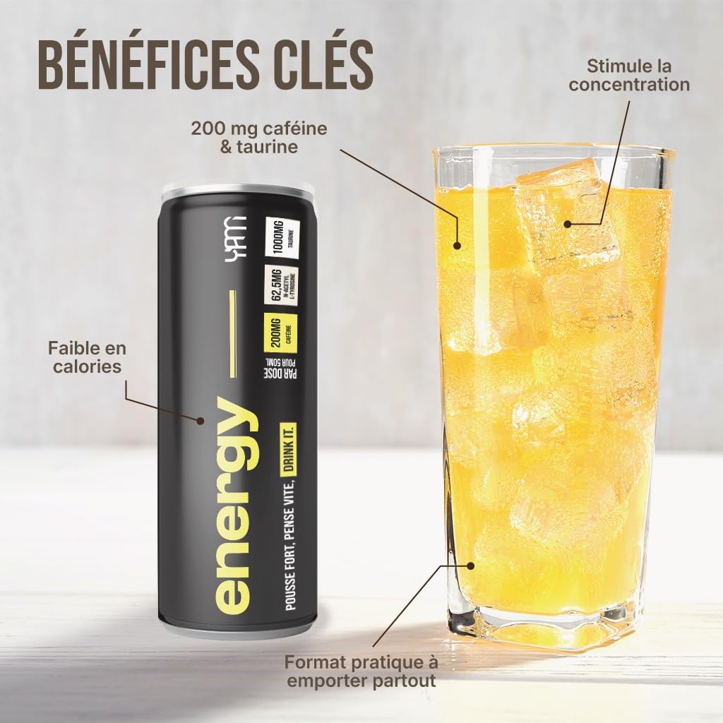 Yam Energy - Energy Drink sans sucres 200mg caféine 1000mg taurine - Booster d'énergie - 250mL - Lot de 24 - YAM Nutrition