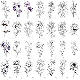 Black Flower Temporary Tattoos for Women 30 Sheets of Realistic Floral Bouquet Temporary Tattoos for Girls Tiny Fake Tattoo Stickers include Roses Lavender Sweet Pea Tulip