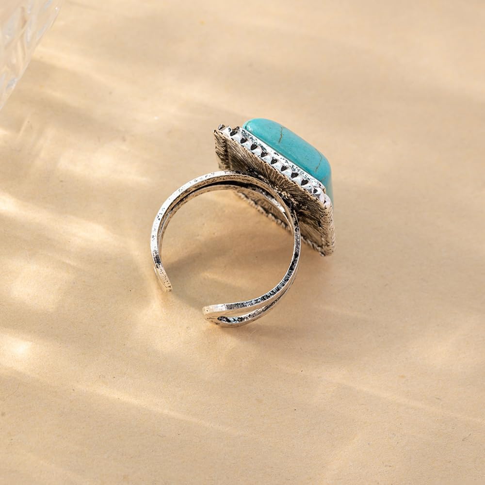 Boho Turquoise Square Ring for Women Antique Silver Open Adjustable Vintage Stackable Midi Joint Finger Ring Wedding Party American Western Jewelry Birthday Graduation Gift Comfort Fit - Image 6