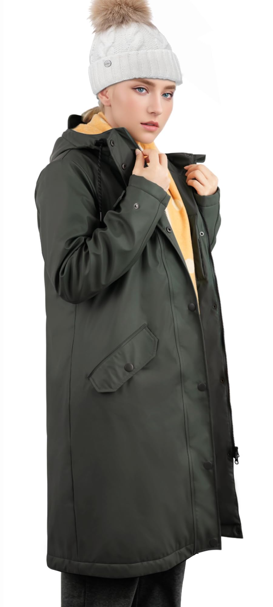 rhythm of the rain Regenmantel Damen wasserdicht Regenjacke gefüttert warm | Winterjacke, Wintermantel knielang, Friesennerz mit Kapuze, Herbst Winter winddicht warm, 2-Wege-Reißverschluss, Fahrrad