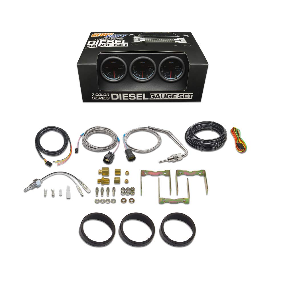 GlowShift Tinted 7 Color Diesel Truck 3 Gauge Kit Set - 60 PSI Boost - 1500 F Pyrometer Exhaust Gas Temp EGT - Transmission Temperature - Black Dial - Smoked Lens - 2-1/16" 52mm