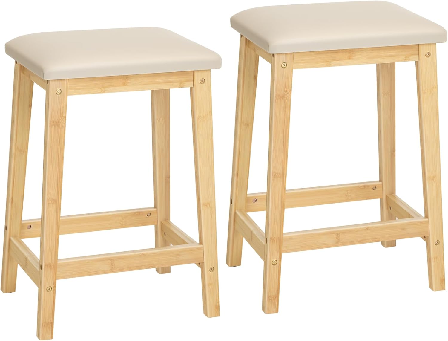 HOOBRO Bar Stools, Set of 2 Bar Chairs, Counter Height Bar Stools, PU Upholstered Kitchen Stools, 24 Inch Bamboo Saddle Stools with Footrests, for Kitchen, Dining Room, Bar, Beige and Natural YE04MD01