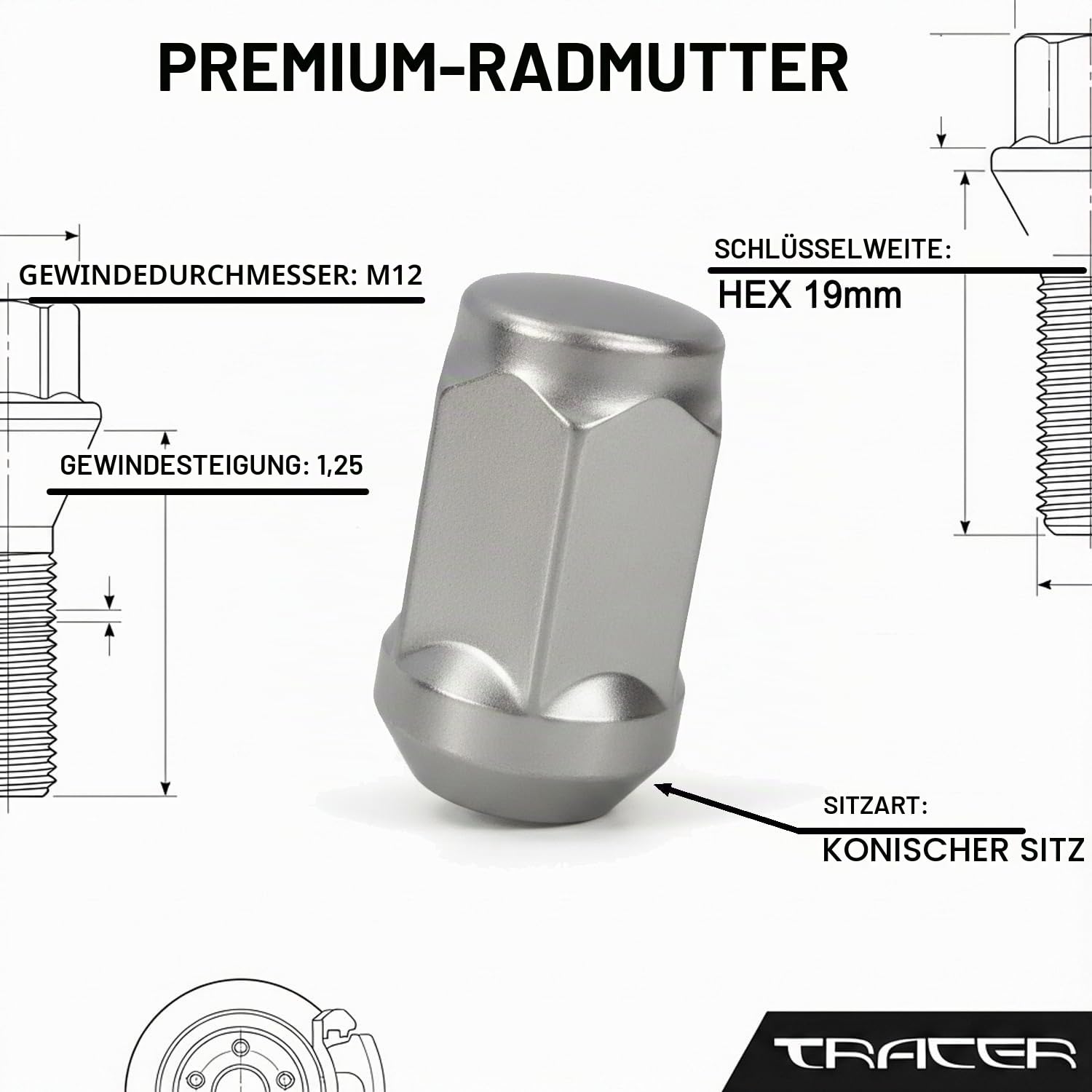 20 Radmuttern Kegelbund geschlossen M12x1,25 HEX19 kompatibel mit Nissan, Subaru