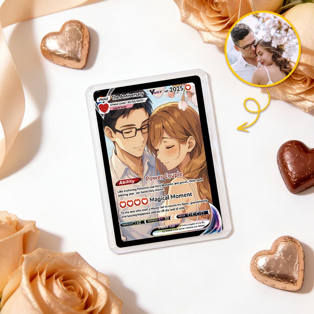 Custom Poke Card with Photo for Couples Personalised Trainer or Character Cards, Customisable Poke Portriat Card with Name Stats Text for Birthday Anniversary Valentines Gifts for Him Her