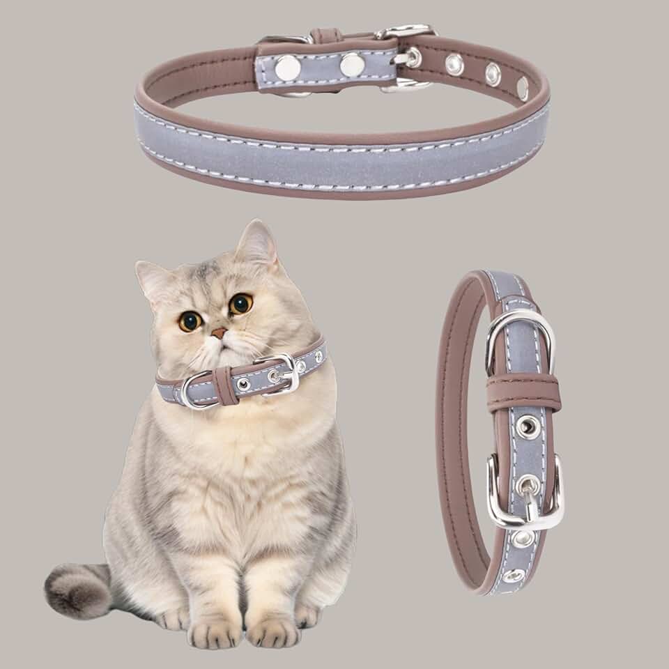 Coleira refletiva para cães - Coleira de couro PU de segurança de alto brilho para PP, pequenos, médios e grandes, cães, filhotes e gatos, marrom - P