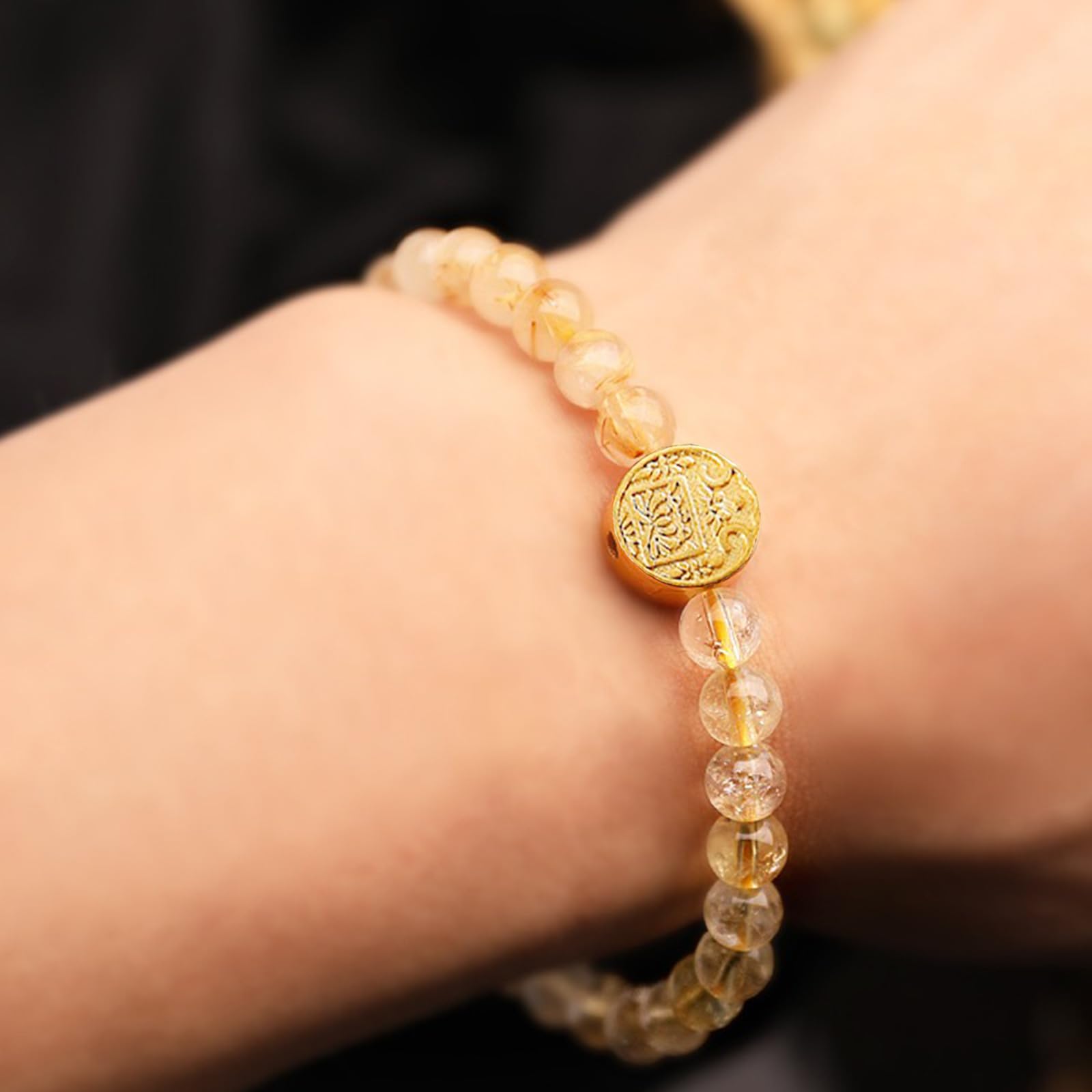 HLTYGWX Feng Shui Fünf Reichtumsgötter Perlen-Stretch-Armbänder, Citrin- und Rutilquarz-Energiekristall-Armbänder für Reichtum, Glück, Glück, Natursteine-Armband für Frauen, Männer, Meditation