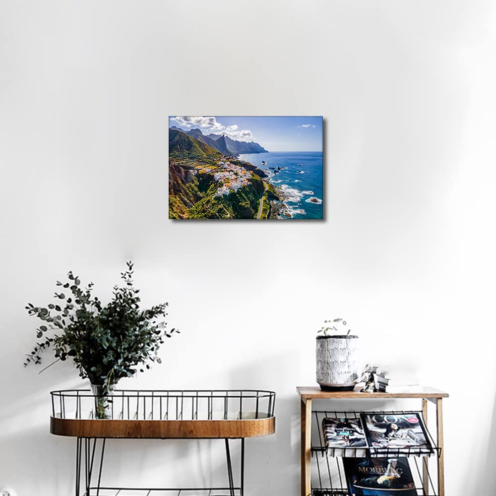 Canvas Wall Art Coastal Village at Tenerife Canary Islands Spain Landscape for Living Room Bedroom Home Decor Beach Artwork for Home Walls Framed Ready to Hang 12x18inch - Image 2